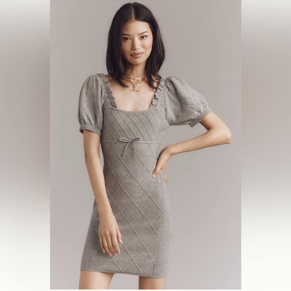 Anthropologie Dreamy Coquette Puff Sleeve Square neck Mini Dress Gray NWT Medium